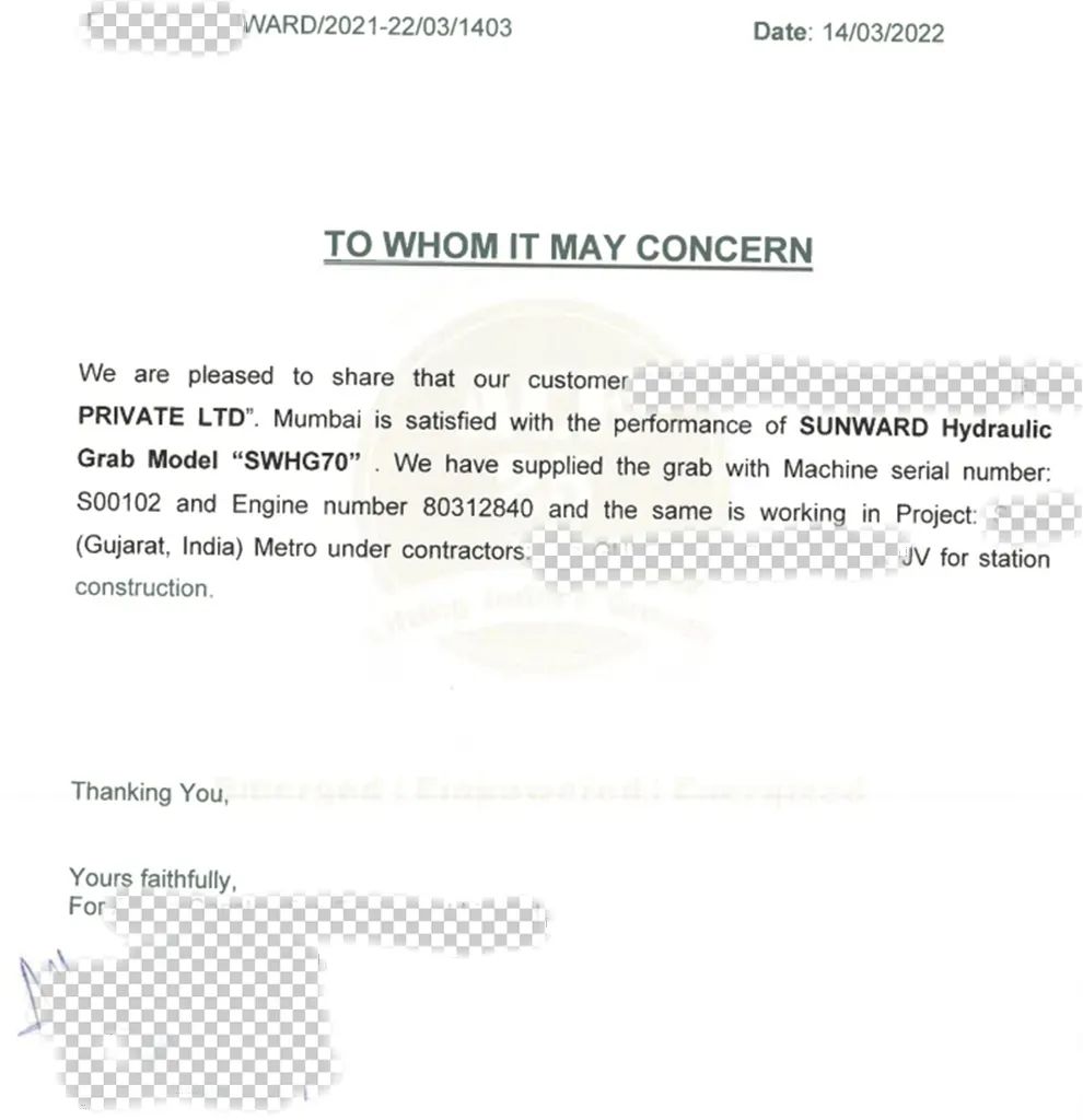 感谢信！九游体育(中国)官方网站智能SWHG70液压抓斗助力海外基础施工获肯定